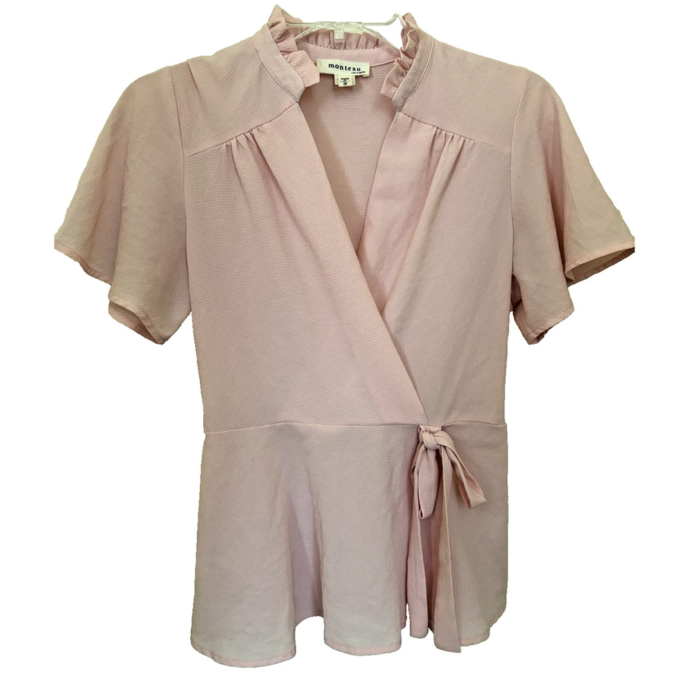 Monteau Womens Pink V-neck Short Ruffle Sleeve Wrap Blouse Size Small